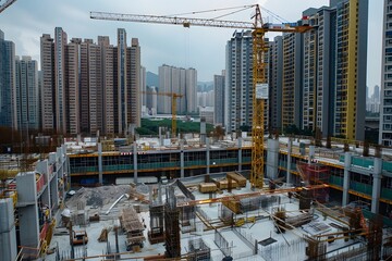 Construction site, with highrise buildings and yellow cranes visible. The scene includes the building under itself being constructed using concrete slabs. There is an empty space where an