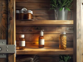 A serene medicine cabinet with neatly organized pill bottles and a weekly pill organizer