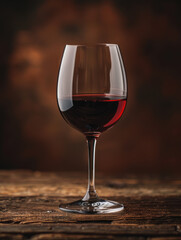 A glass of red wine on a wooden table with a dark background.
