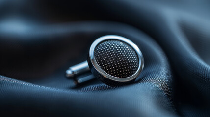 Close-up of a silver cufflink on smooth dark fabric.