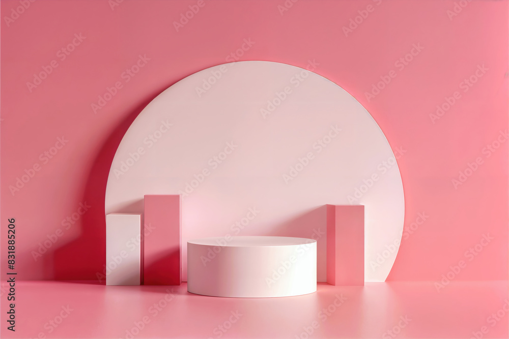 Poster Minimalistic pink geometric display setup with round platform, ideal for showcasing products or creating artistic visuals.