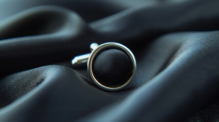 Black cufflink on a luxurious black satin fabric.
