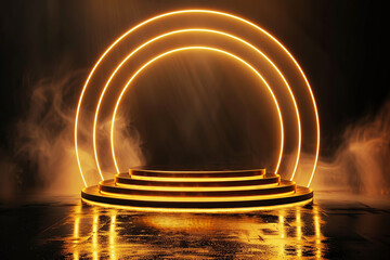 Obraz premium Golden abstract round stage for award on dark background with smoke.