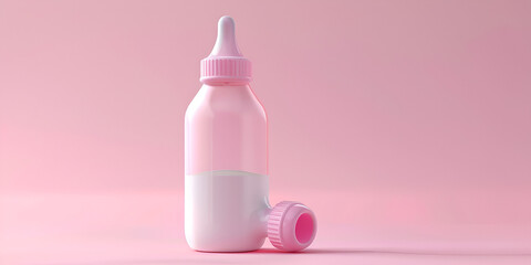 Baby bottle full of milk on a pink background, 