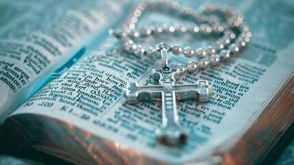 A macro view of an open Bible with highlighted verses and a cross necklace laid across the pages.