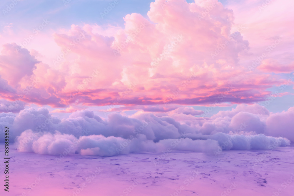 Poster landscape with soft pink clouds creating a dreamy and ethereal sky, perfect for peaceful and serene 