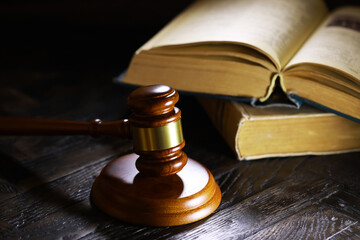 Judges gavel on wooden desk. Law firm concept.