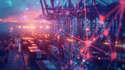 Fototapeta premium Advanced logistics systems in manufacturing close up, focus on, copy space, vibrant colors, Double exposure silhouette with supply chains