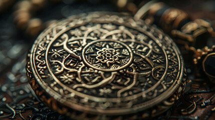 Obraz premium A detailed shot of a religious pendant or medallion, showing intricate engravings and symbols.