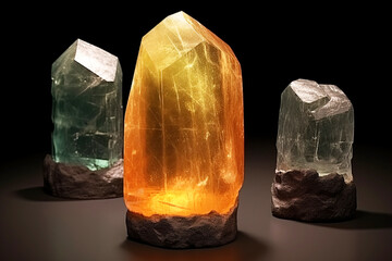 Obraz premium Heliodor is rare precious natural stone on black background. AI generated. Header banner mockup with space.