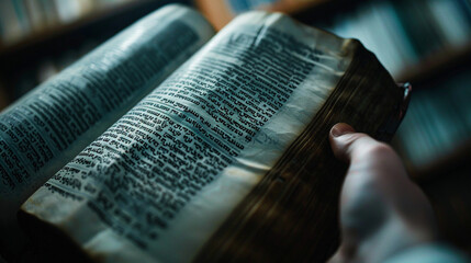Fototapeta premium A close-up of a Torah scroll being read, with focus on the Hebrew text and the readerâs hand.