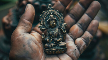 Obraz premium A detailed image of a hand holding a small statue or icon of a deity, highlighting the craftsmanship.