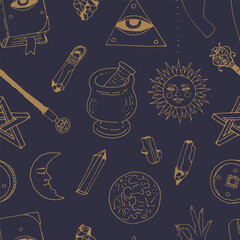 Mystical seamless pattern with golden crystals on blue background. Magic repeat wallpaper. Spiritual texture.