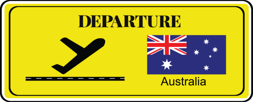 Departure signboard, destination sign, Australia flag