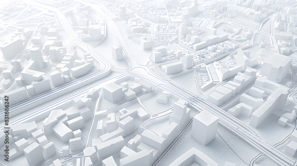 Fototapete 3d rendering of white map scene with city roads buildings top view isometric perspective
