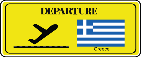 Departure signboard, destination sign, Greece flag