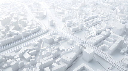 3d rendering of white map scene with city roads buildings top view isometric perspective