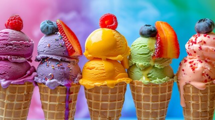 Vibrant Pride Month Celebration with Gourmet Rainbow Ice Cream Cones, Colorful Sauces, and Fresh Fruits