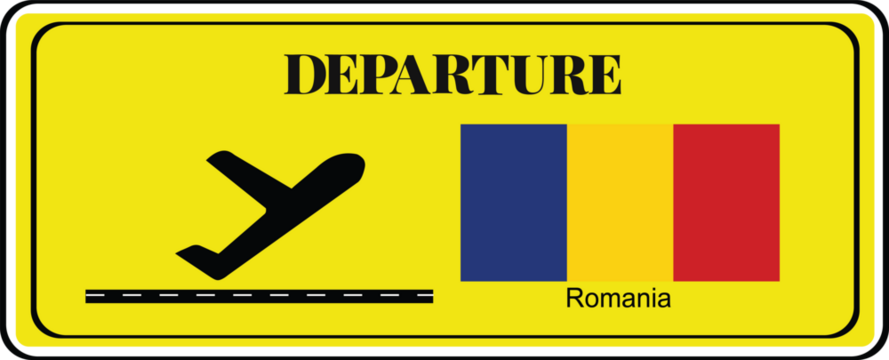 Departure signboard, destination sign, Romania flag