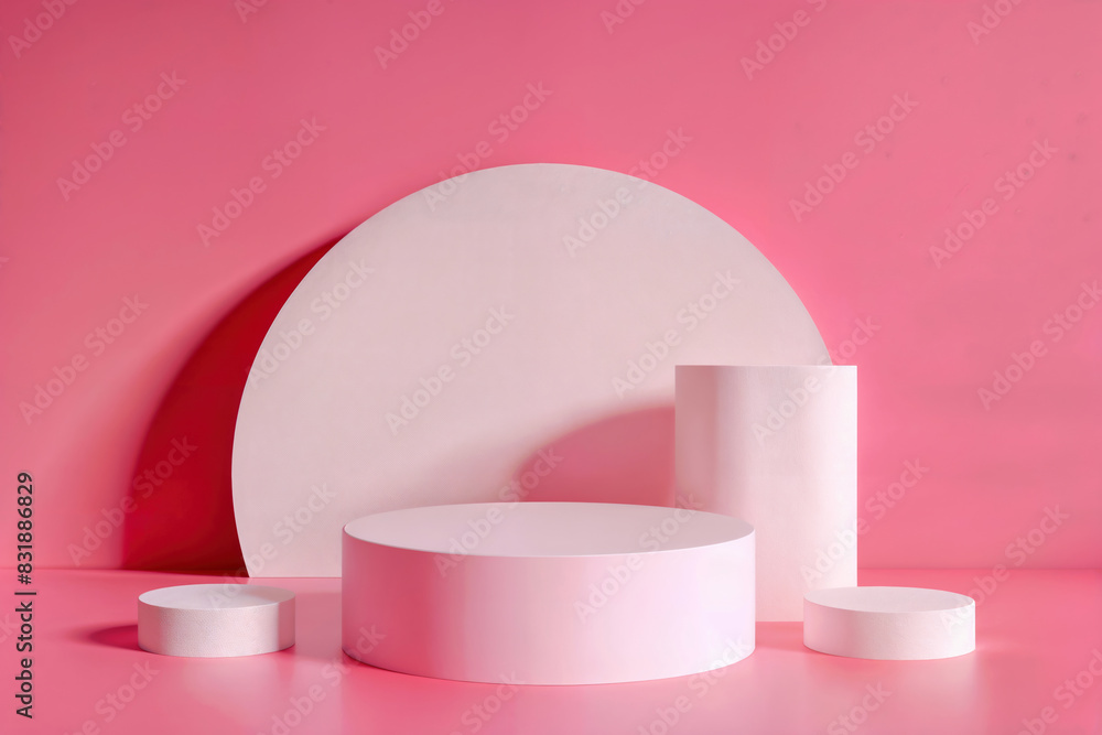 Poster Minimalistic display setup featuring pink and white geometric shapes, ideal for showcasing products or creating modern artistic visuals.