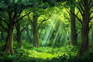Obraz premium A majestic forest painting bursting with vibrant shades of green and a multitude of towering trees creating a harmonious and tranquil scene.
