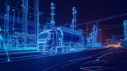 Neon blue wireframe truck in Oil Refinery factory demonstrating smart technology in the oil refining industry