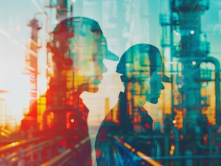 Chemical plant workers close up, focus on, copy space, vibrant colors, Double exposure silhouette with safety gear