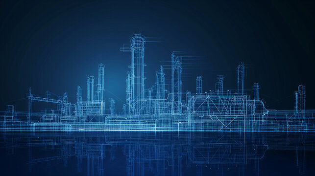 Neon blue wireframe Oil Refinery factory demonstrating smart technology in the oil refining industry
