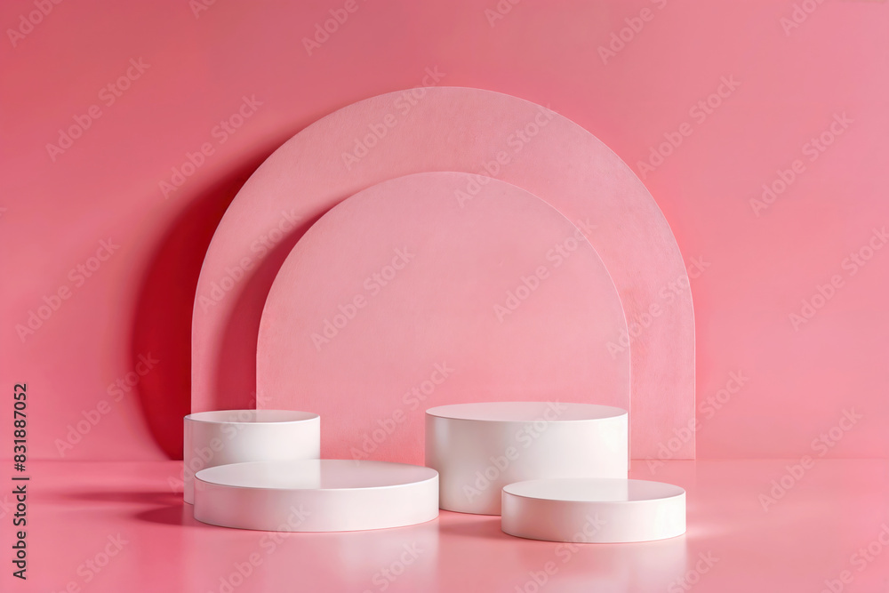 Poster geometric display featuring pink and white elements with multiple platforms, perfect for modern prod