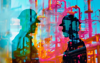 Industrial workers in energy sector close up, focus on, copy space, vibrant colors, Double exposure silhouette with machinery