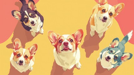 Obraz premium Five adorable corgi dogs looking up at the camera with bright, playful expressions. Perfect for pet, dog, or happiness themes.