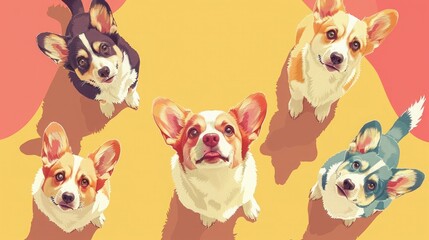 Five adorable corgi dogs looking up at the camera with bright, playful expressions.  Perfect for pet, dog, or happiness themes.