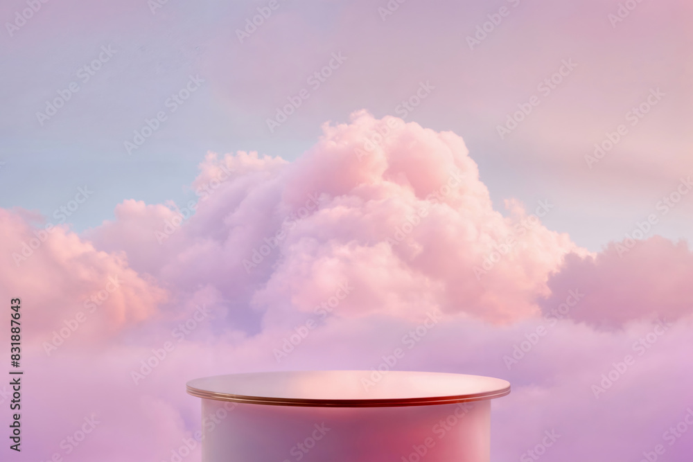 Aufkleber Pink cylinder set against a background of fluffy clouds, creating a dreamy and serene atmosphere ideal for product displays.