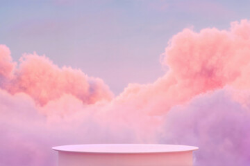 Pink cylinder against a backdrop of pastel clouds, creating a dreamy and serene atmosphere ideal for product displays and artistic visuals.