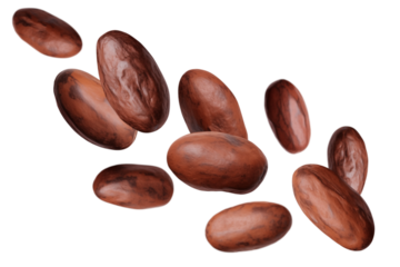 Levitation of cocoa beans isolated on a transparent background.