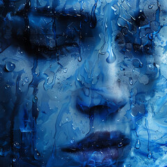 Close-up of an abstract blue face covered in water droplets, conveying intense emotions and a sense of melancholy.