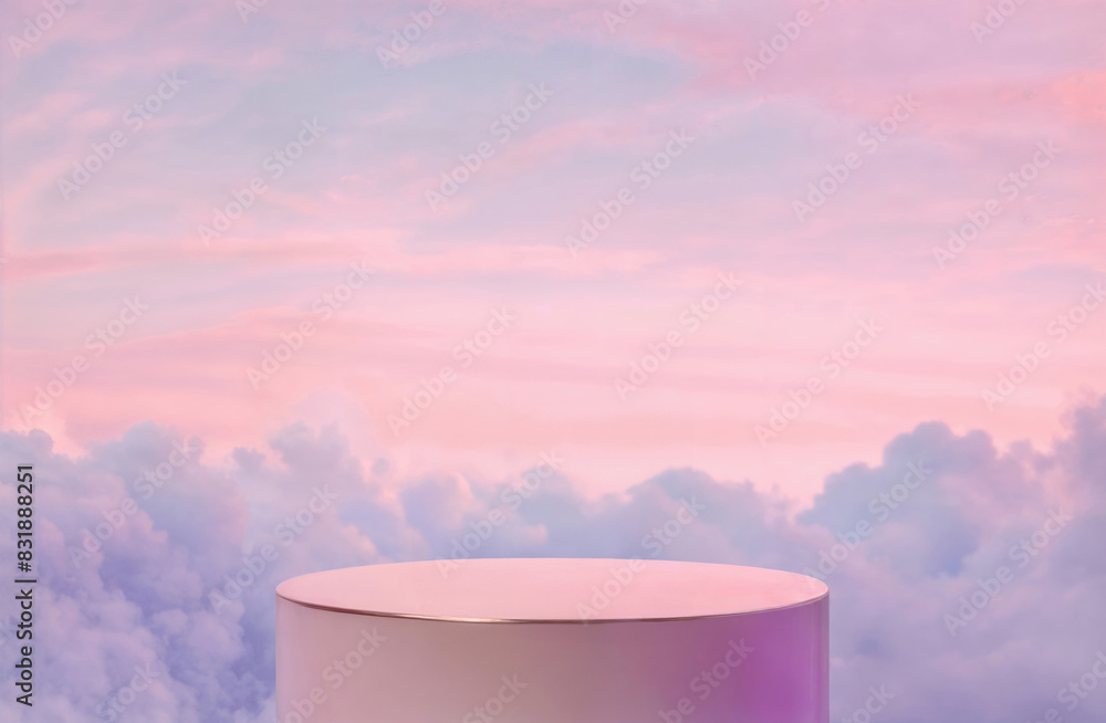 Poster pink cylinder set against a serene cloud background, creating a dreamy and tranquil atmosphere ideal