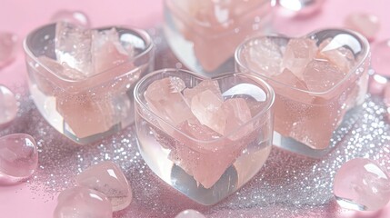 A soft blush pink background with transparent heart-shaped containers filled with delicate rose quartz rocks, surrounded by silver glitter, ideal for a sophisticated Women's Day event.