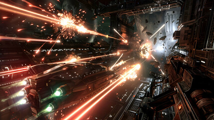 A dramatic action shot of a space firefight in the cargo bay of a spacecraft, with laser beams and explosions illuminating the scene, casting stark shadows and emphasizing the chaos and danger.