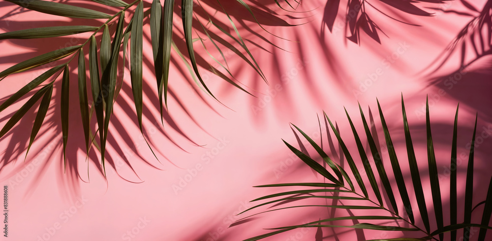 Poster palm leaves casting intricate shadows on a pink wall, creating a vibrant and tropical atmosphere in 