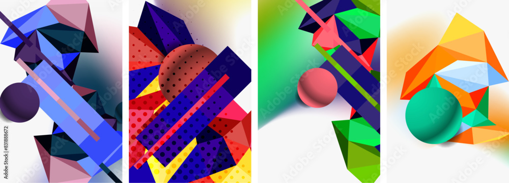 Poster set of geometric abstract composition with spheres and triangles. vector illustration for wallpaper,