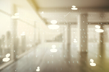 Abstract virtual social network hologram on modern interior background. Double exposure