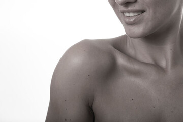 Fototapeta premium Close up portrait of a young woman casual portrait in a positive way, big smile, beautiful model posing in studio
