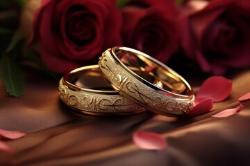 A CG 3D rendering of two interlocking gold wedding bands