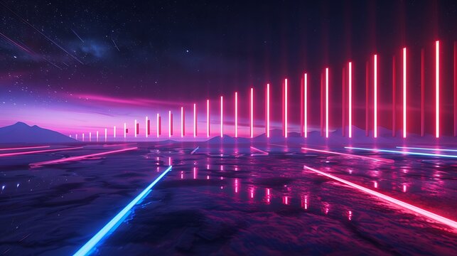 A neon barcode stretching across infinity, encoding secrets within its lines