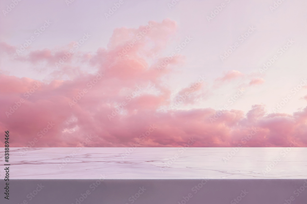 Aufkleber Empty table marble surface against a backdrop of pink cloudy sky, creating a serene and elegant setting for product displays or artistic visuals.