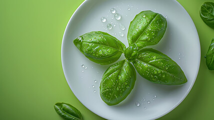 Obraz premium Fresh basil leaves with water droplets on a white plate