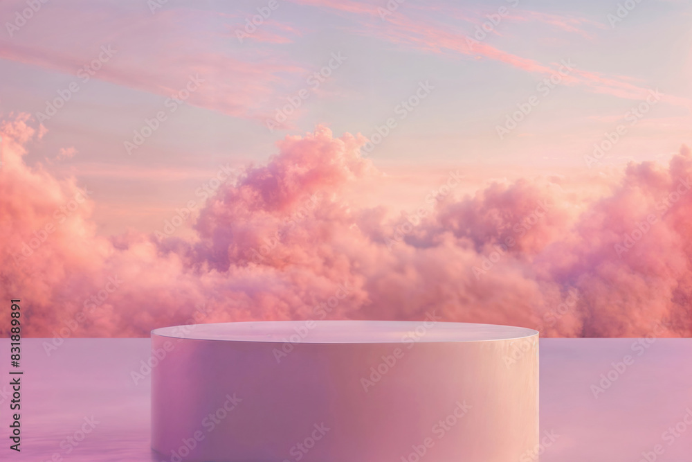 Poster Pink round platform set against a backdrop of dreamy pink clouds, creating a serene and elegant setting perfect for product displays and artistic visuals.