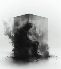 A dark figure sits in a glass box, head in hands. The box is filled with a dark mist. The figure is alone, isolated, and trapped.