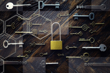  Antique door locks and keys on an old background. Old padlock and key. set as a symbol of security, closeness, history, protection, safety etc. Conceptual background.